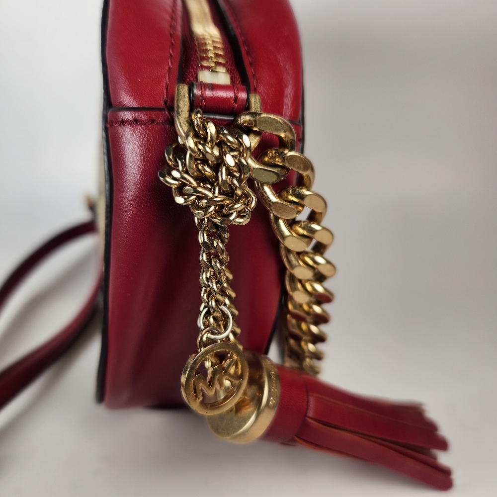 MICHAEL KORS Ginny Crossbody Bag Red Gold Chain Leather Signature Charm - Picture 3 of 14